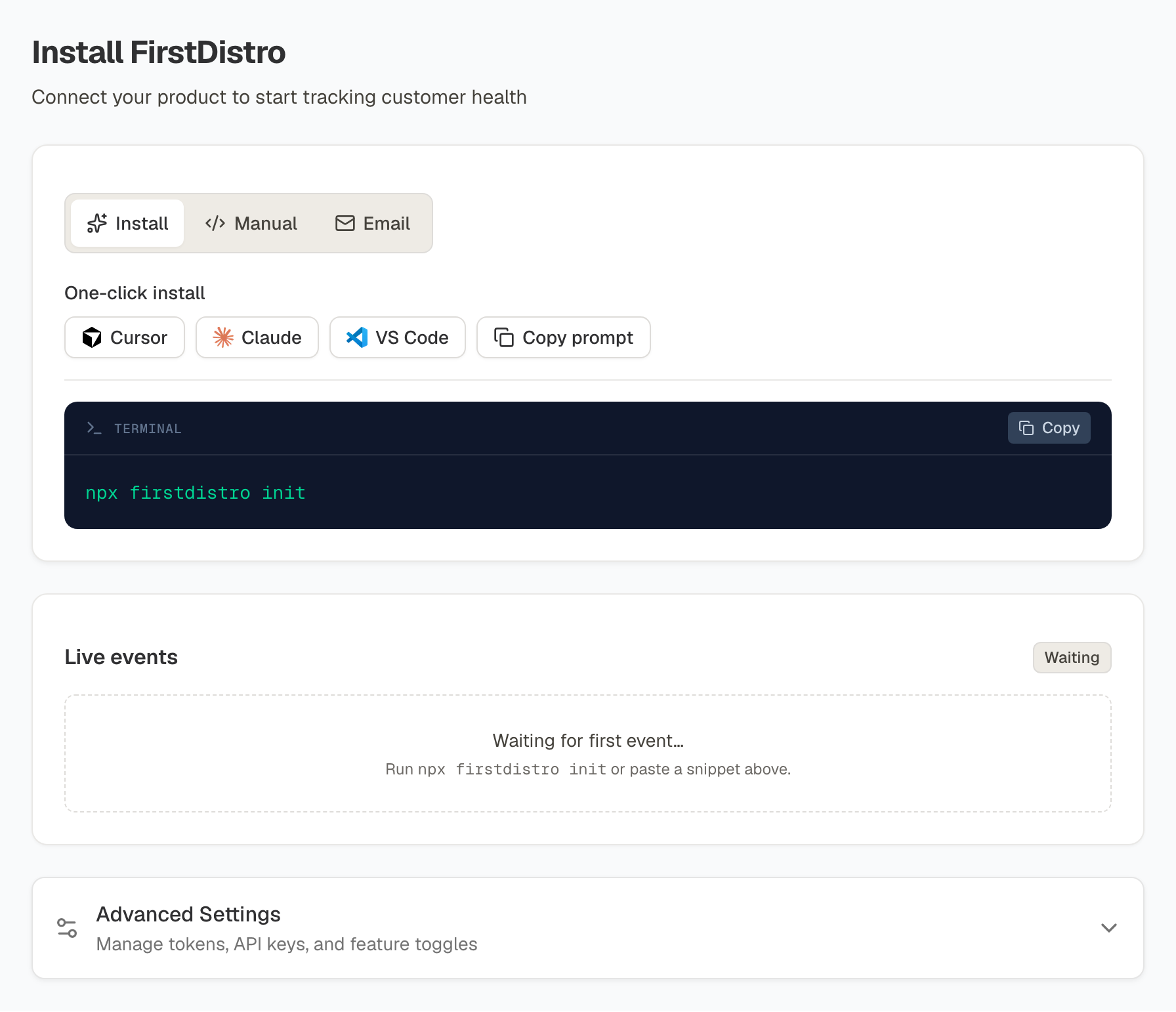 FirstDistro install panel with live events waiting state.