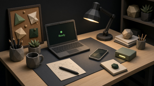 A low-poly workshop desk with a laptop, phone, lamp, pinboard, and a small glowing computer.
