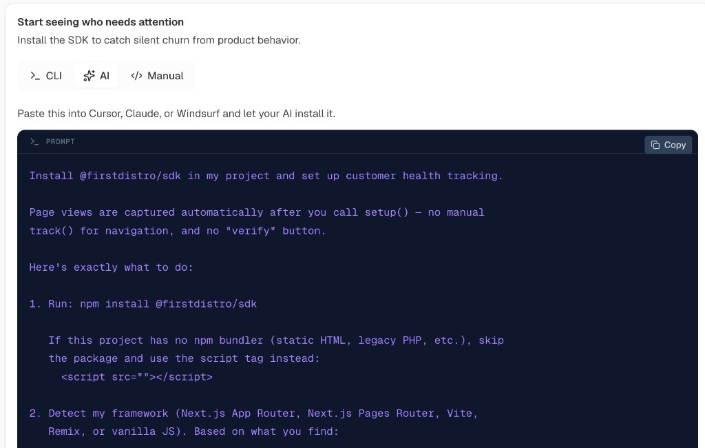 FirstDistro empty-state install card with CLI, AI, and Manual tabs. AI is selected. A dark prompt block shows the install prompt with a Copy control.